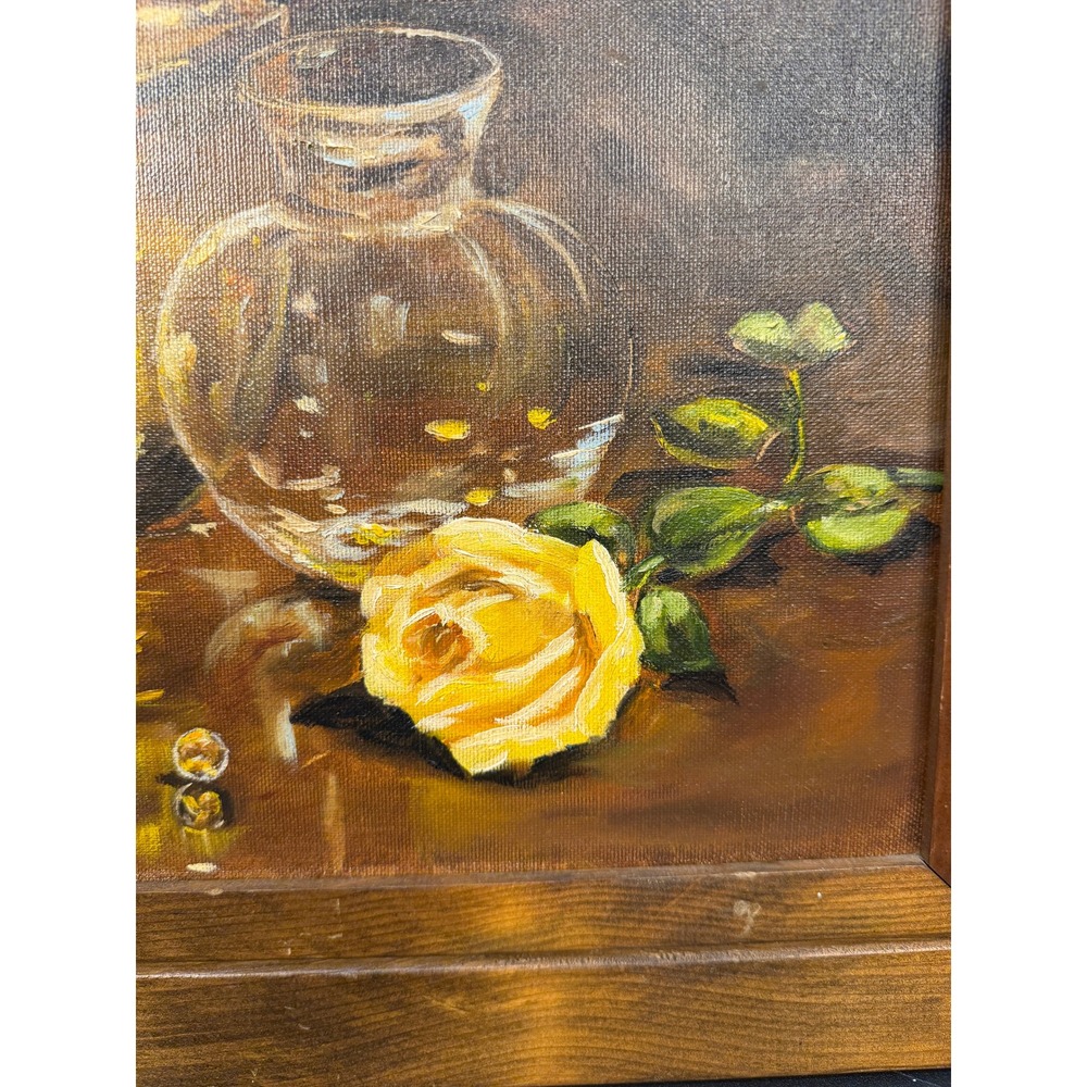 VTG Original Oil Painting Still Life Yellow Rose Brass Vessel Signed G Hock 1990 - Picture 4 of 16